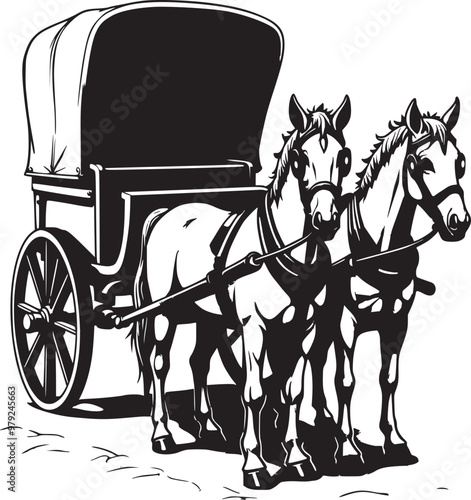 An elegant horse-drawn carriage with large wheels and a covered seating area
