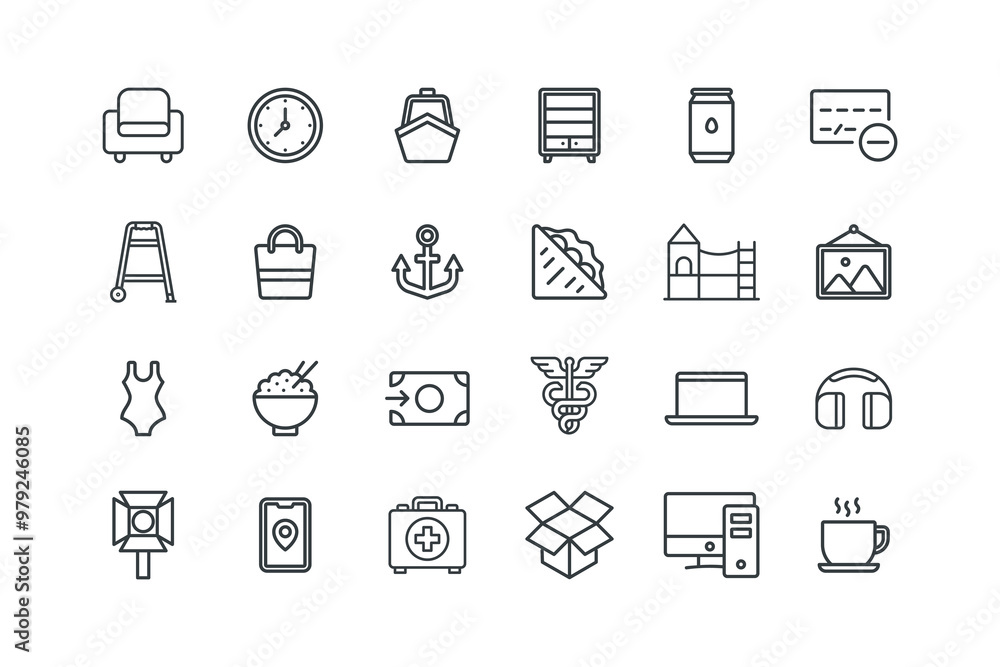 Boat, Bookcase, Can, Card remove, chair, Chest, Coffee, set of icons for web design, vector illustration Boat, Bookcase, Can, Card remove, chair, Chest, Coffee, set of icons for web design, vector illustration