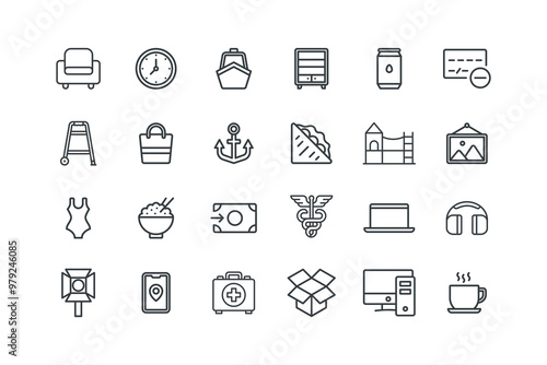 Boat, Bookcase, Can, Card remove, chair, Chest, Coffee, set of icons for web design, vector illustration