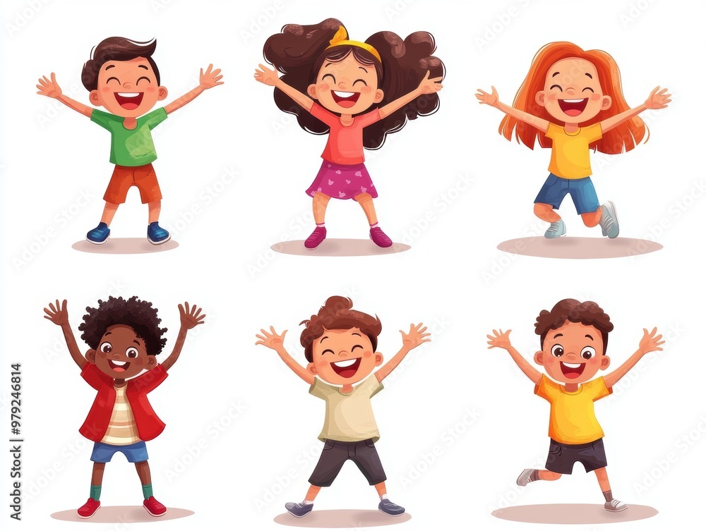 happy cartoon children with their arms raised, white background happy cartoon children with their arms raised, white background