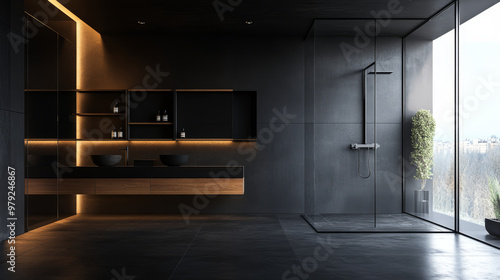 A sleek, dark bathroom with a large shower. The modern design features black accents and wooden shelves, creating a minimalist look.