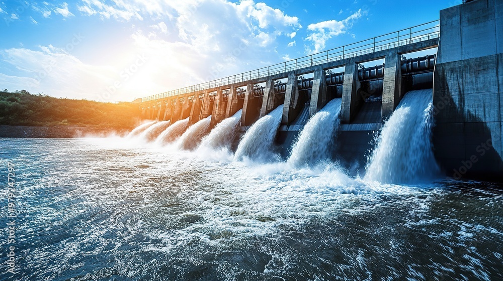Water rushing through a dam, generating clean electricity under a bright blue sky Water rushing through a dam, generating clean electricity under a bright blue sky