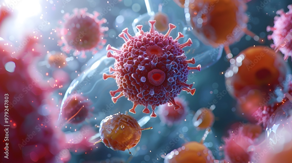 Naklejka premium Cells Infected with Illness - 3D Microscopic Medical Visualization