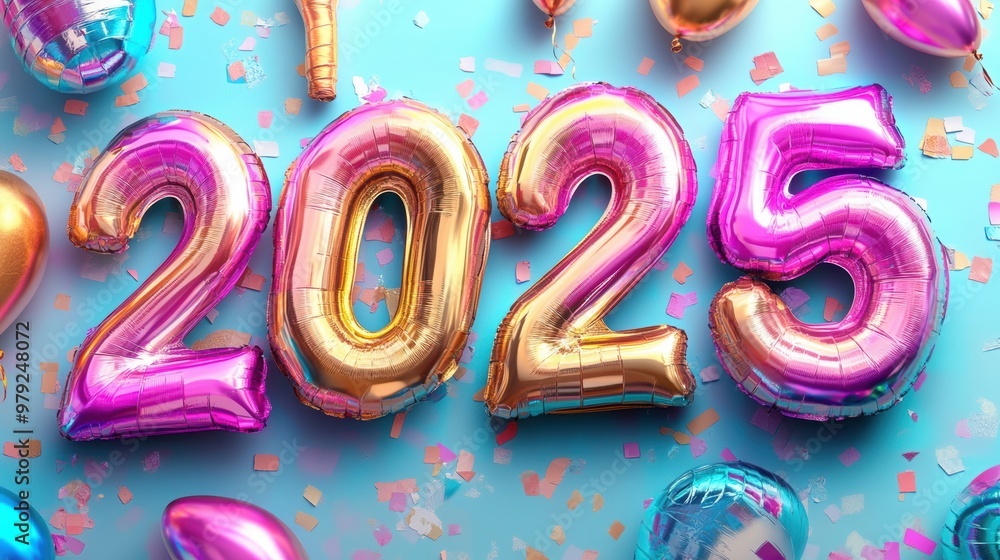 New year 2025 Design background, 3dl text holographic color with a festive and celebratory feel.