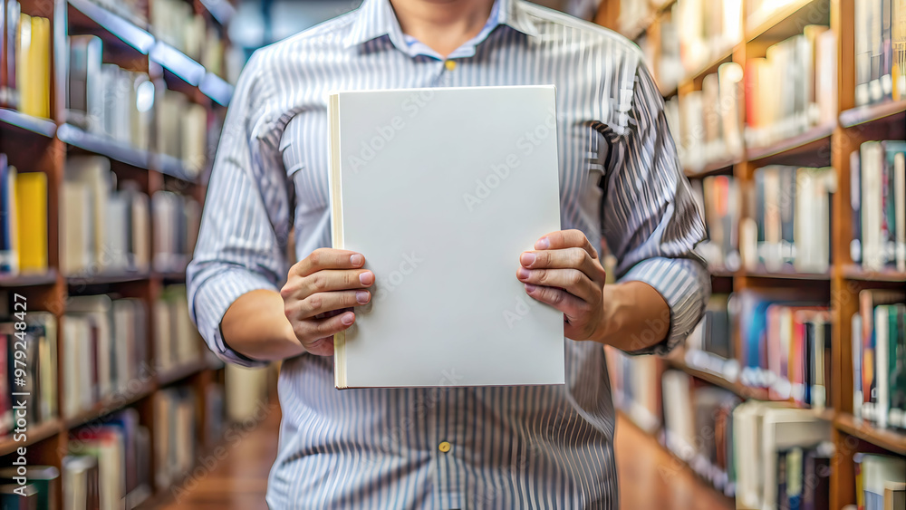 Close up of person holding a blank book cover mockup in a library, book, cover, mockup, close up, person, hands, library Close up of person holding a blank book cover mockup in a library, book, cover, mockup, close up, person, hands, library