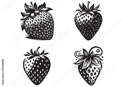 vector silhouette of a strawberry, silhouette strawberry fruit, strawberry fruit with leaf flat vector logo icon, silhouette strawberry fruit black color, strawberry logo icon vector illustration.