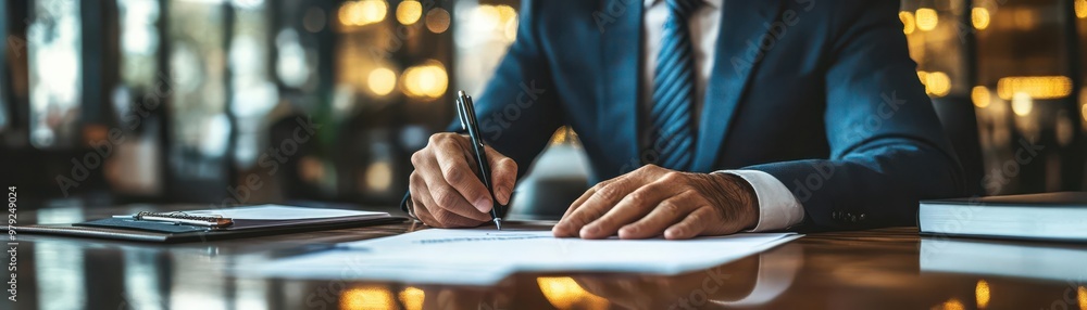 Businessman signing a document with a pen. Businessman signing a document with a pen.