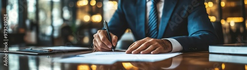 Businessman signing a document with a pen.