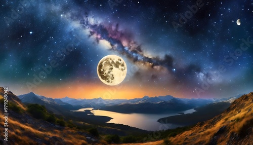 Enchanting 360-Degree HDRI Panorama of a Dark Dusk Sky with a Beautiful Moon and Milky Way, Ideal for Game Development and Graphic Design Backgrounds photo