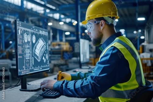 A focused engineer in a factory, wearing safety gear, operates a computer with a detailed blueprint of a mechanical component displayed on the screen.