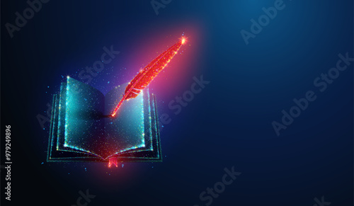 Abstract illustration of feather writing in open note pad made of glowing neon particles. Blue geometric background depicting handwriting, education and scholarship concept. Digital vector art