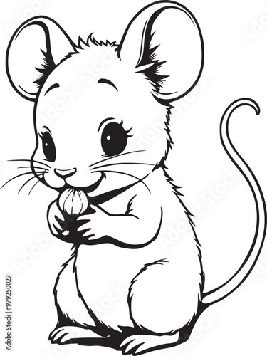 A desert mouse nibbling on a small seed with a black and white outline 