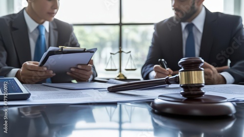 Two lawyers discussing legal documents in a courtroom. photo