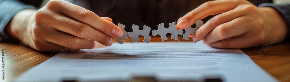 Closeup of hands arranging puzzle pieces on a document. Closeup of hands arranging puzzle pieces on a document.