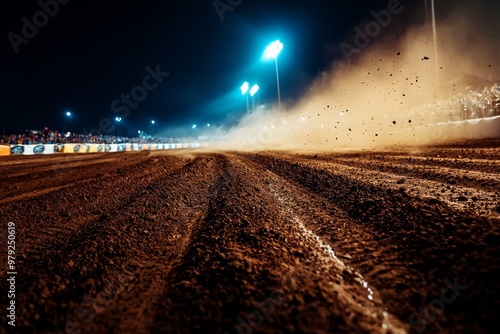 Wide Shot of a Bumpy Dirt Racing Track at Night with Bright Stadium Lights and Rainfall photo