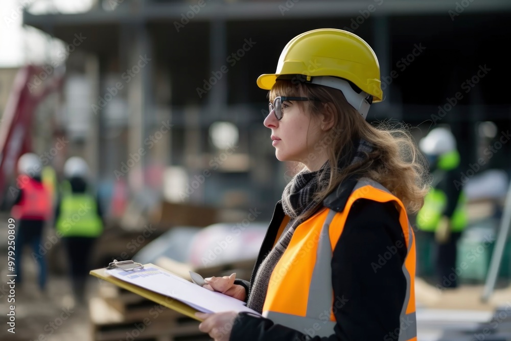 A female construction worker in a yellow hardhat and safety vest inspects a building site, holding a clipboard. She is focused on the task at hand. A female construction worker in a yellow hardhat and safety vest inspects a building site, holding a clipboard. She is focused on the task at hand.