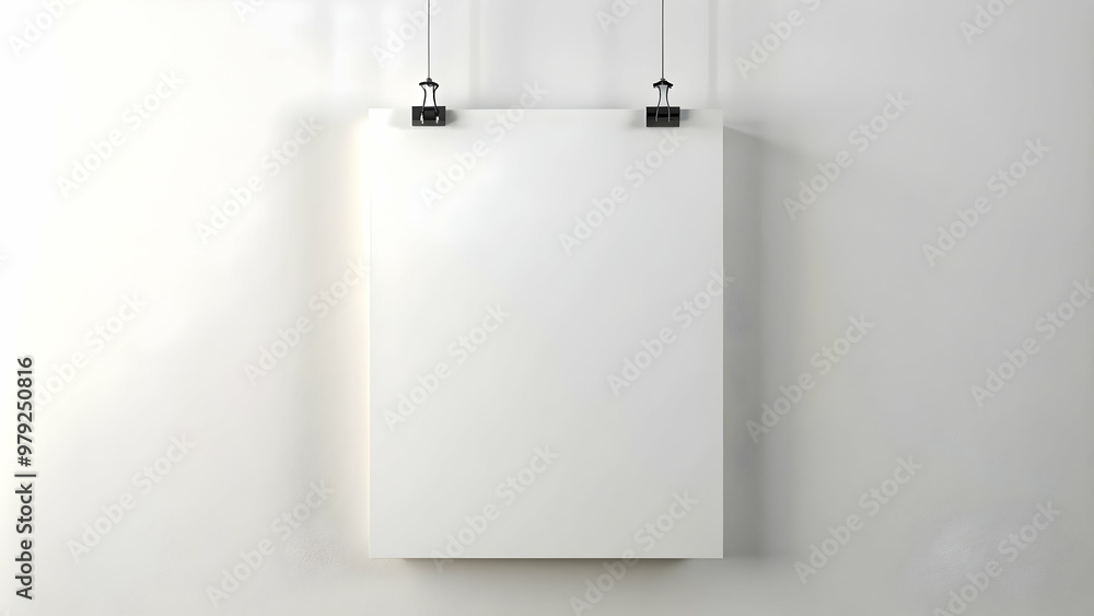 Blank vertical poster mockup hanging from clips on a white wall. rendering, poster Blank vertical poster mockup hanging from clips on a white wall. rendering, poster