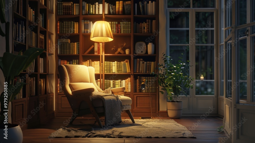 Comfortable reading nook with a relaxing chair, extensive bookshelves, and tranquil soft lighting. Comfortable reading nook with a relaxing chair, extensive bookshelves, and tranquil soft lighting.