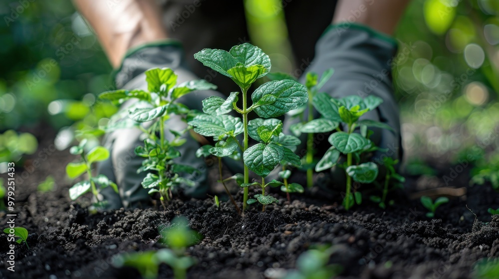 Gardener nurturing young peppermint plants in rich soil during a sunny afternoon in a vibrant garden. Generative AI Gardener nurturing young peppermint plants in rich soil during a sunny afternoon in a vibrant garden. Generative AI