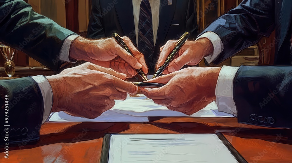 Obraz premium Close-up of four hands signing a contract with pens on a table.