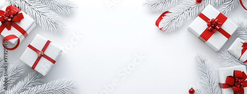 Christmas presents with red ribbons on white background with copy space