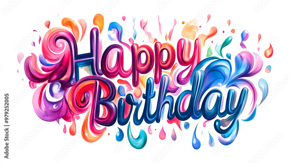 Happy Birthday Colorful 3D Text with Festive Splash Elements and Vibrant Artistic Design, Cutout, Isolated on White Background Happy Birthday Colorful 3D Text with Festive Splash Elements and Vibrant Artistic Design, Cutout, Isolated on White Background