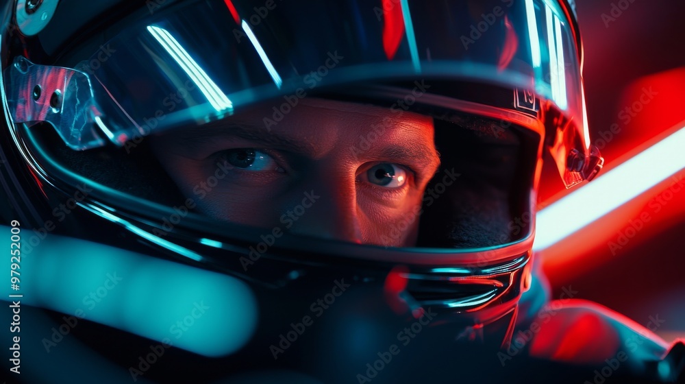 Close-up of a Focused Formula 1 Driver Inside the Cockpit, Intense Eyes Behind the Visor in a High-Speed Race Close-up of a Focused Formula 1 Driver Inside the Cockpit, Intense Eyes Behind the Visor in a High-Speed Race