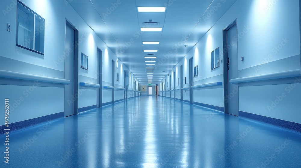 Modern Hospital Corridor with Calm Blue Tones and Empty Space for Patient-Centered Care Concepts Modern Hospital Corridor with Calm Blue Tones and Empty Space for Patient-Centered Care Concepts