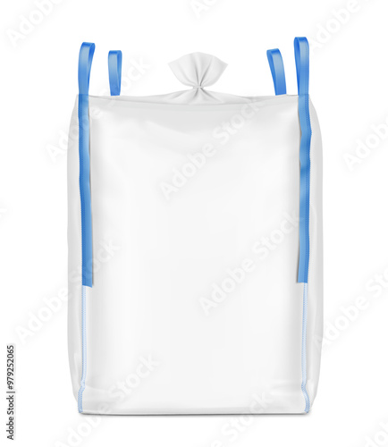 Flexible intermediate bulk container big bag with top skirt mockup. High realistic. Vector illustration isolated on white background. Ready for use in presentation, promo, advertising. EPS10.	