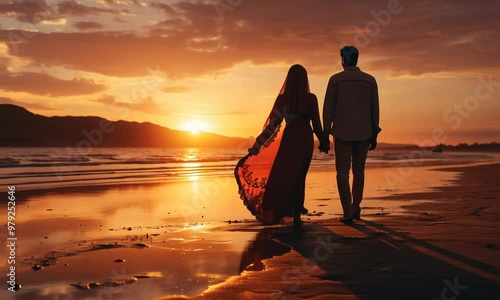 Couple hugging on the beach on sunrise sunset. Honeymoon couple enjoying evening light relaxing on tropical summer vacation travel holiday. Silhouette of a couple on the beach