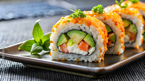 Plated California Sushi Roll with Garnish , Sushi, Roll, California roll, Rice, Avocado, Crab, Cucumber, Japanese food