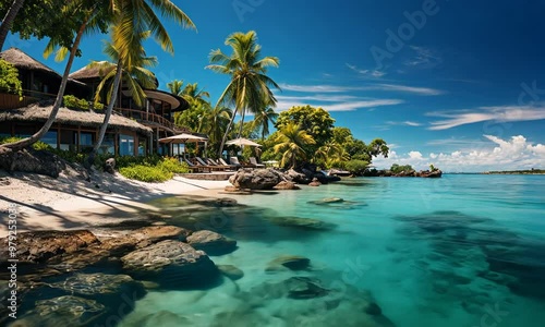 Tropical resort hotel beach paradise. Amazing nature, coast, shore. Summer vacation, travel adventure. Luxury holiday landscape, stunning ocean lagoon, blue sky palm trees. relax idyllic inspire