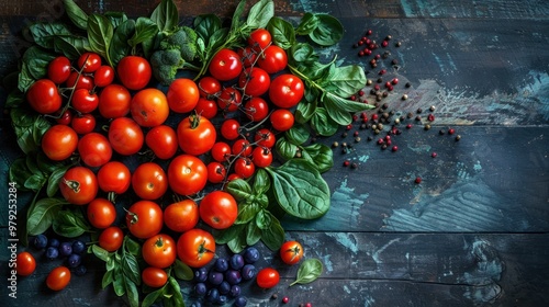 A vibrant heart-shaped arrangement of fresh tomatoes and greens illuminated by soft natural light on a rustic wooden table. Generative AI