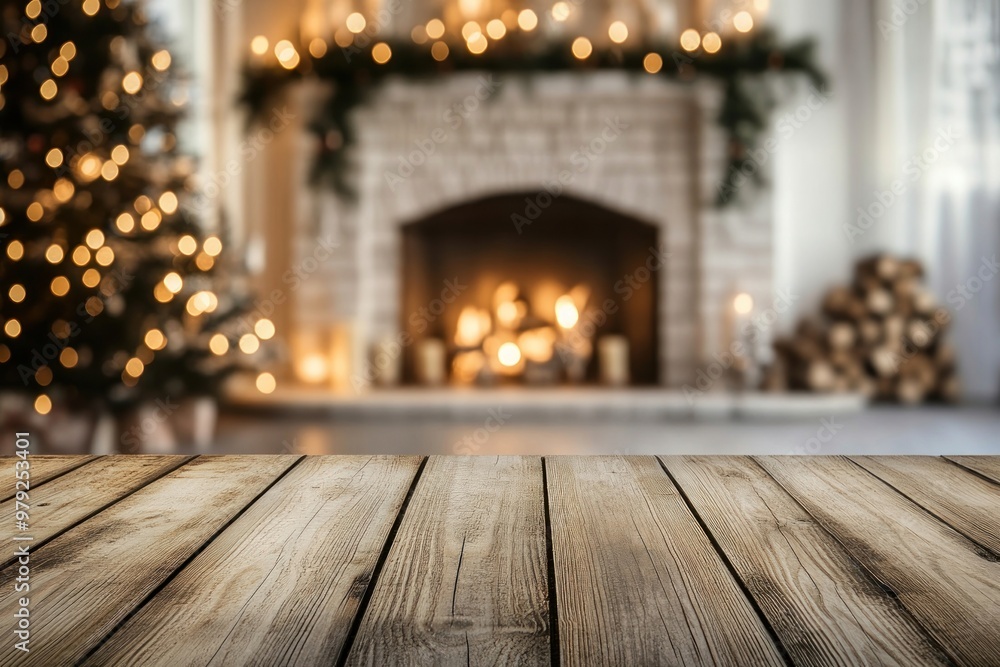 Empty wooden table top with blurred background of interior decorated for Christmas fireplace christmas tree. Empty wooden table top with blurred background of interior decorated for Christmas fireplace christmas tree.