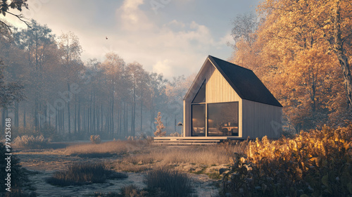 A small, Scandinavian-style house designed to be moved around, shown in a computer-generated image. photo