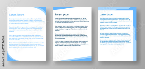 Three blue-themed document templates featuring Lorem Ipsum text. Modern and clean design on a gray background. Concept of document design templates, mockup a4