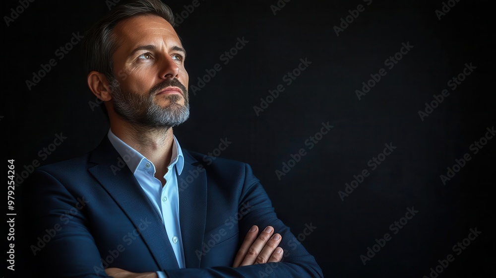 Thoughtful mature businessman looking up, arms crossed, against black background. Thoughtful mature businessman looking up, arms crossed, against black background.
