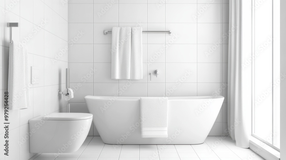 Luxury bathroom interior with white walls with white bathtub and sink with vertical mirror standing in stylish bathroom in apartment with panoramic window on city view,minimal,3D rendering. Luxury bathroom interior with white walls with white bathtub and sink with vertical mirror standing in stylish bathroom in apartment with panoramic window on city view,minimal,3D rendering.