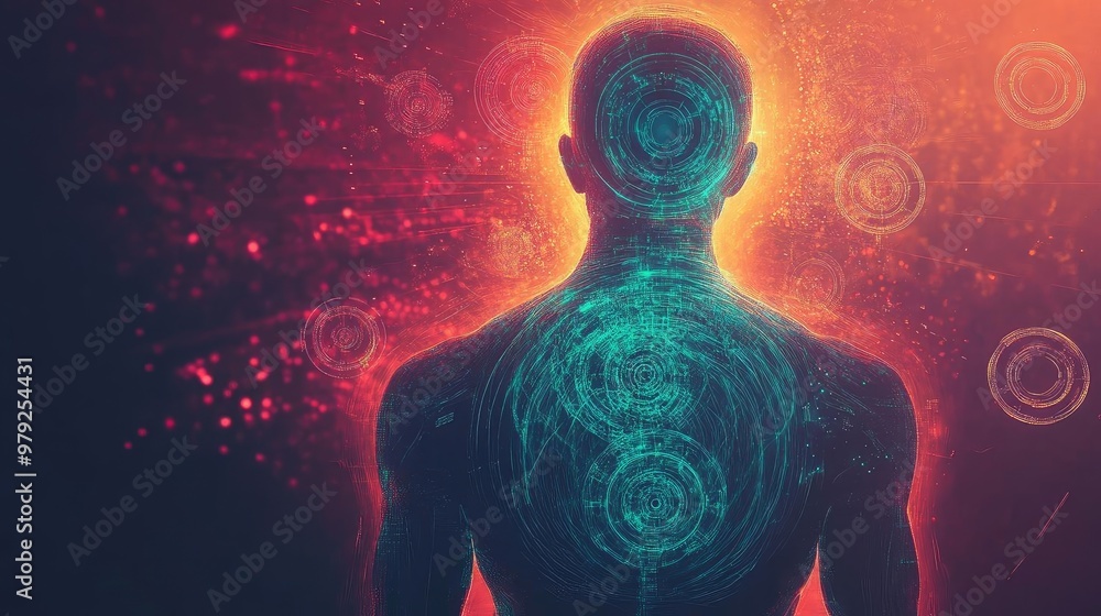 A glowing silhouette of a human body with abstract energy patterns, showcasing a vibrant and mystical aura around it.