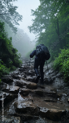 Panicked Hiker in the Rain on a Mountain Trail
