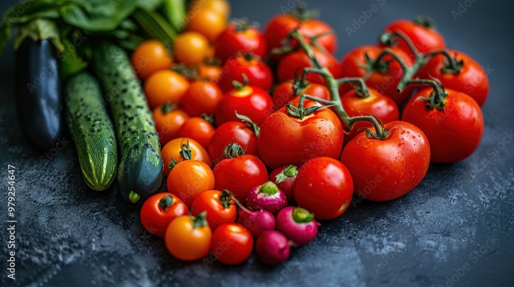 Freshly harvested vegetables including vibrant tomatoes, cucumbers, and radishes on a textured surface. Generative AI Freshly harvested vegetables including vibrant tomatoes, cucumbers, and radishes on a textured surface. Generative AI