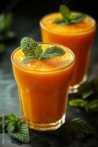 Close-Up of Orange Smoothie in Glasses with Mint Leaves