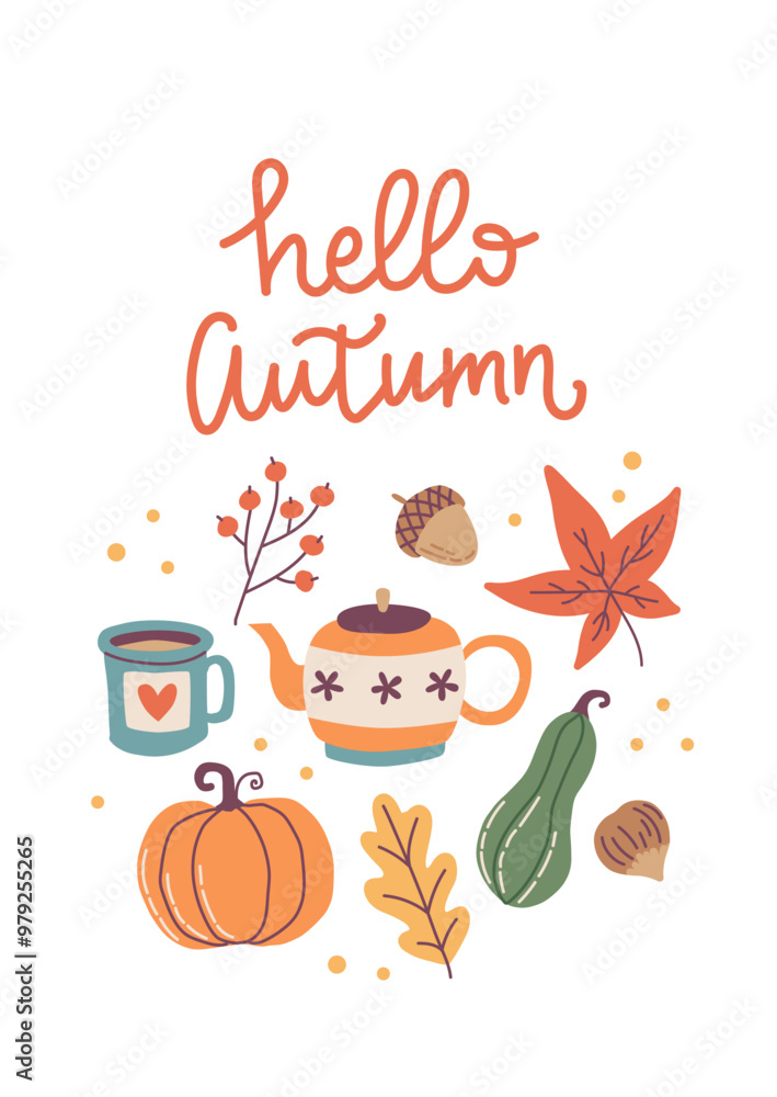 Hello autumn card. Hand drawn calligraphy and cute seasonal elements. Vector illustration template Hello autumn card. Hand drawn calligraphy and cute seasonal elements. Vector illustration template