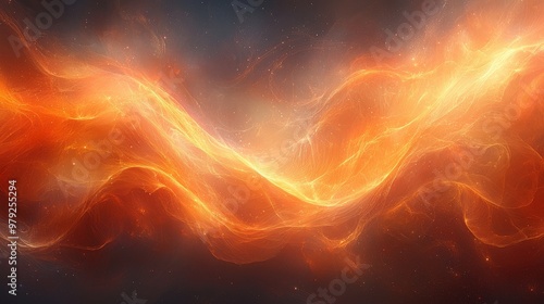 Flames of energy ripple through a cosmic landscape, blending shades of orange and red in a vibrant display of movement and light