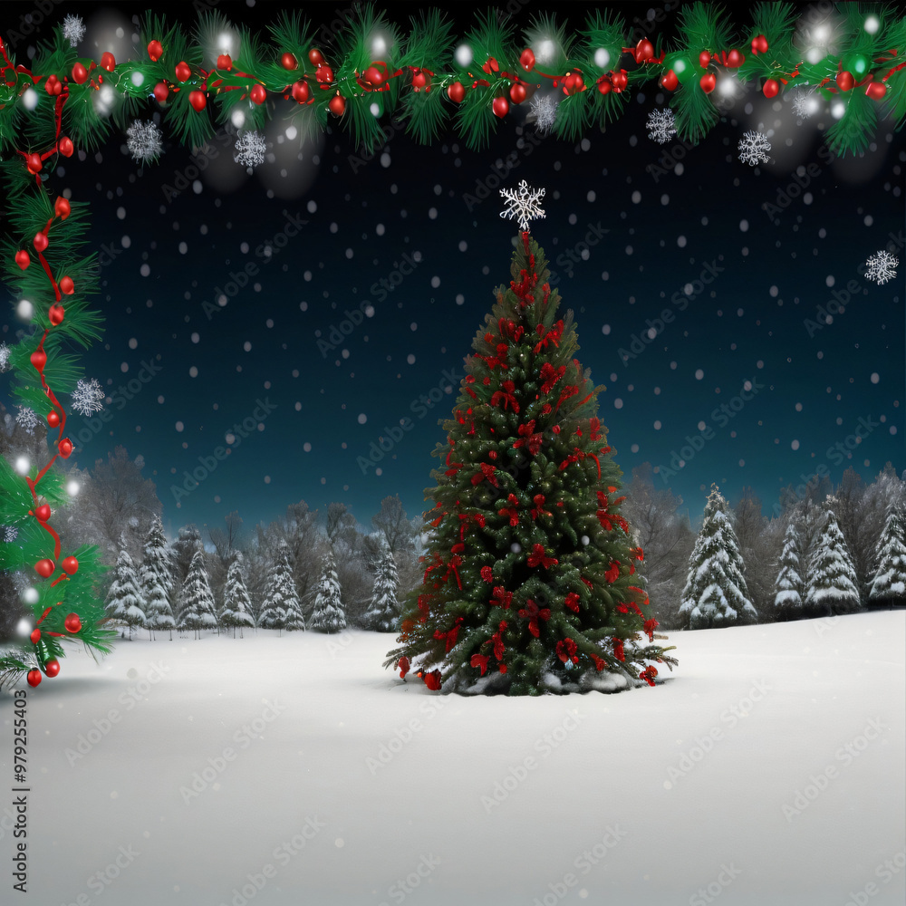 Christmas background. Xmas tree with snow decorated with garland lights, holiday festive background. Widescreen frame backdrop. Christmas background. Xmas tree with snow decorated with garland lights, holiday festive background. Widescreen frame backdrop.