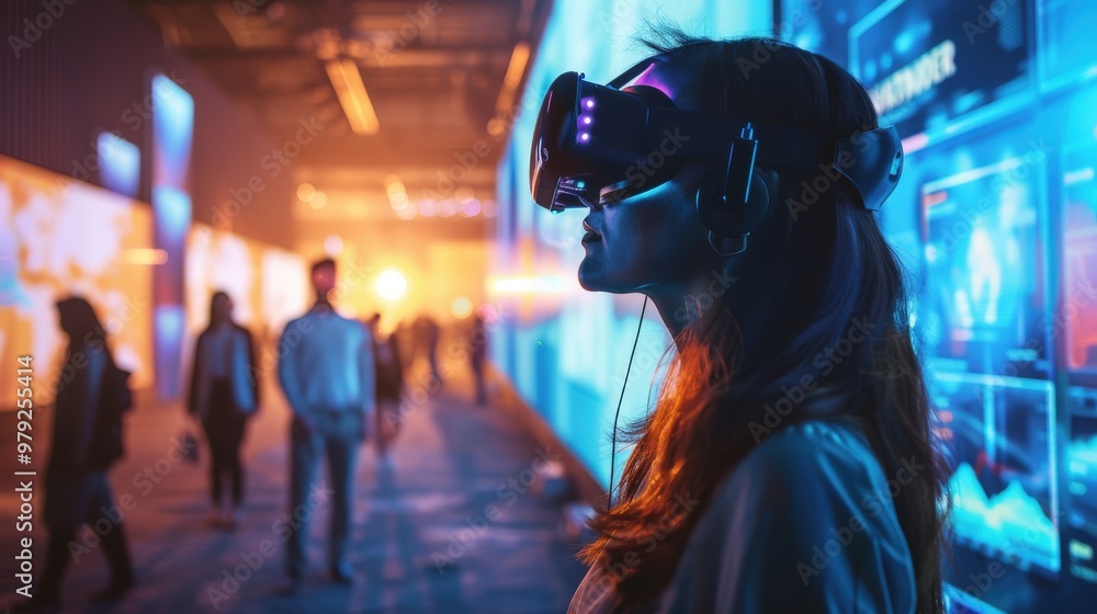 Fototapeta premium Innovative virtual conference with advanced holographic speakers, interactive booths, and AI-powered networking tools enhancing participant engagement.