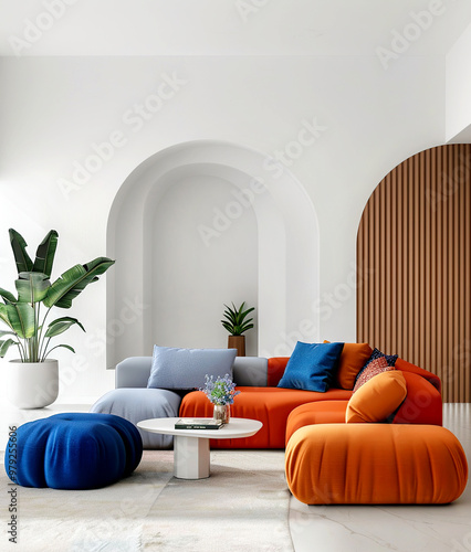 Japandi, minimalist interior design of modern living room. Colorful multicolored vibrant sofa against arched white wall.