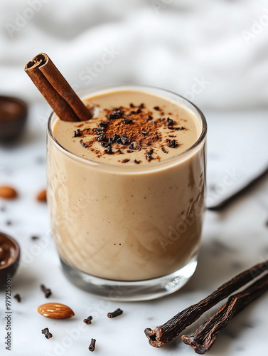 Vanilla Smoothie with Vanilla Pods, Cinnamon Sticks, and Almond Butter