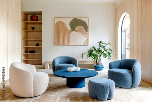 Japandi, minimalist interior design of modern living room with blue and beige armchairs. photo