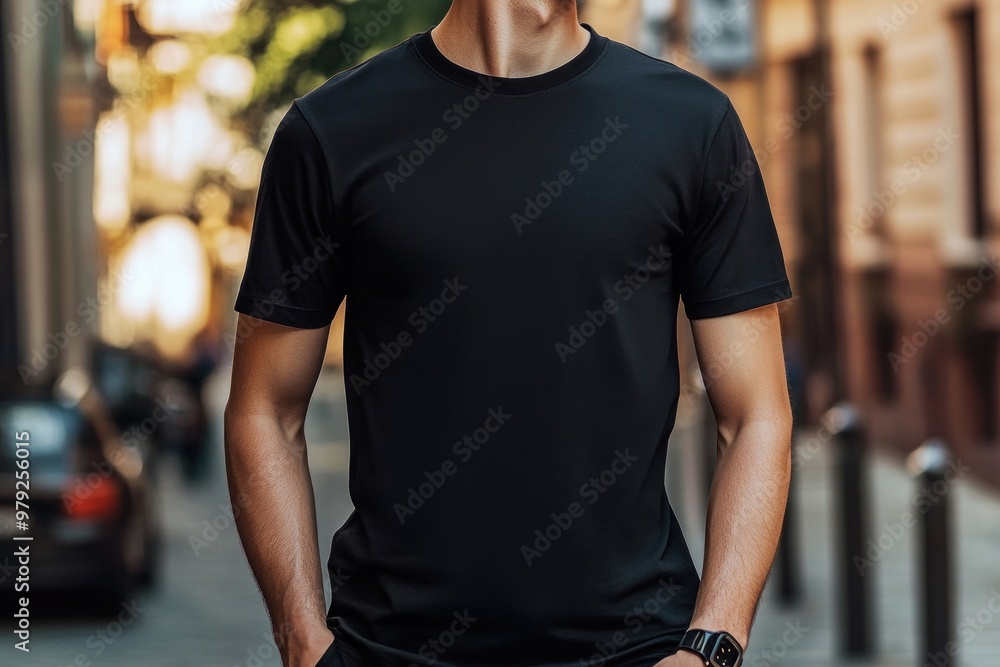 Black t-shirt outdoors street transportation. Black t-shirt outdoors street transportation.
